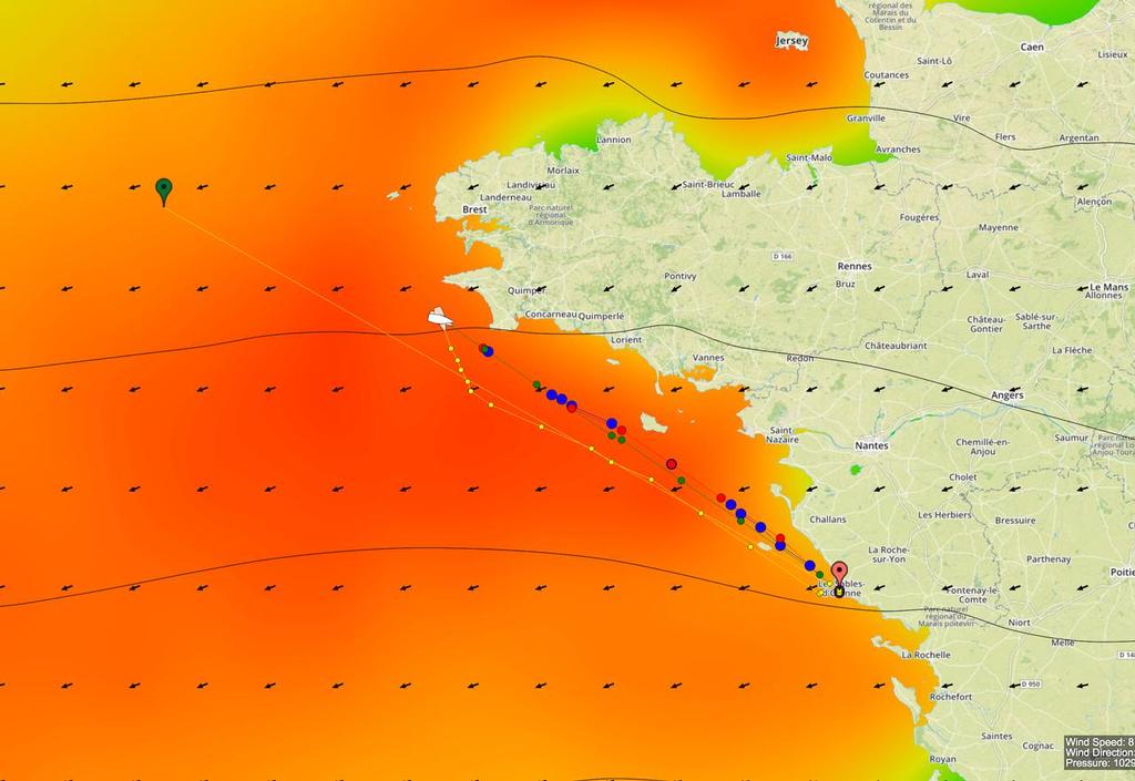 Race leader Banque Populaire VIII has a straight reach to the the finish at Les Sables around 4.00pm on Thursday afternoon. The Green pinned boat is second placed Alex Thomson (Hugo Boss) at 0400hrs UTC on Juanry 19, 2017. © PredictWind http://www.predictwind.com